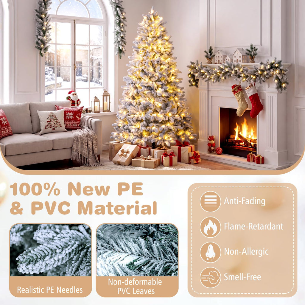 6FT Pre-lit Half Christmas Tree, Snow Flocked Artificial Xmas Tree