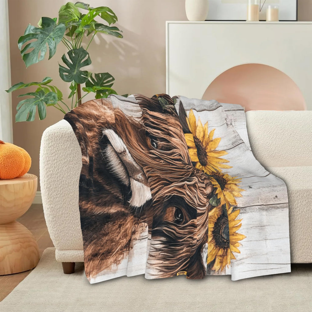 Highland Cow Sunflower Blanket, Rustic Farmhouse Throw, 60''x 50''