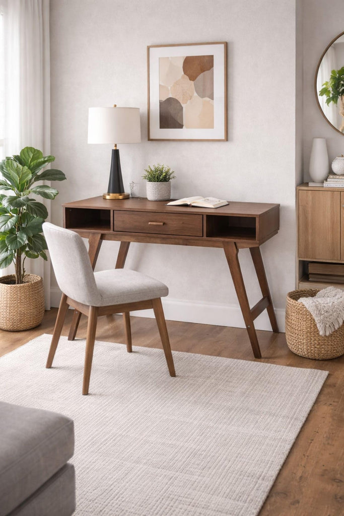 Mid-Century Modern Writing Desk with Drawer and Open Storage - Danish Walnut