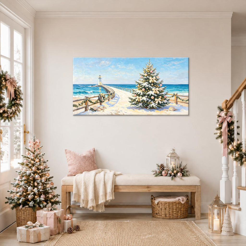 Coastal Christmas Wall Art, Rustic Beach Canvas Prints Holiday Tree Pictures, Vibrant Winter Seaside Painting Ocean