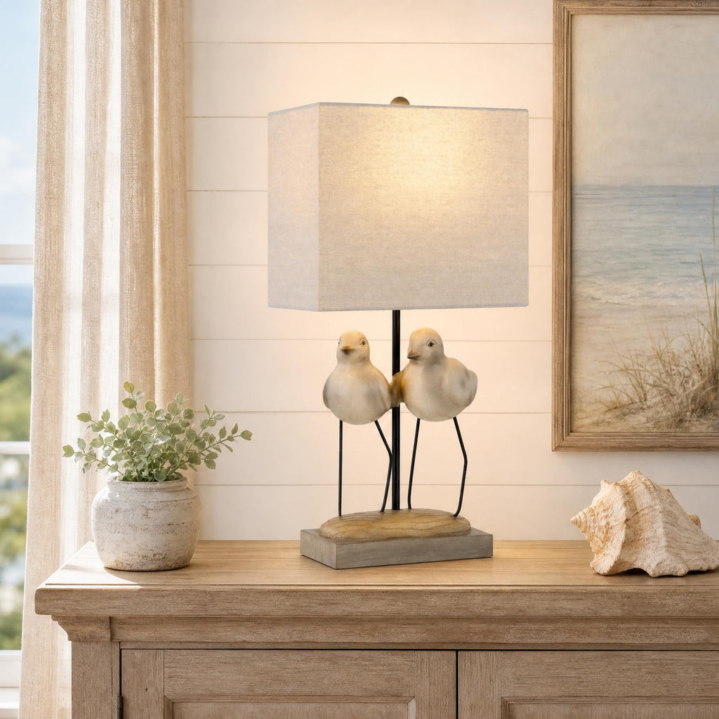 21" Coastal Bird Table Lamp, Twin Gray Resin Shorebirds