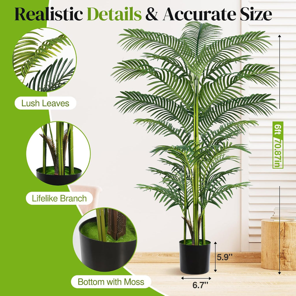 Artificial Palm Tree 6FT, Faux Plants Indoor and Outdoor 2 Pack, Tall Fake Tree Tropical Areca Floor Plant in Pot - Set of 2
