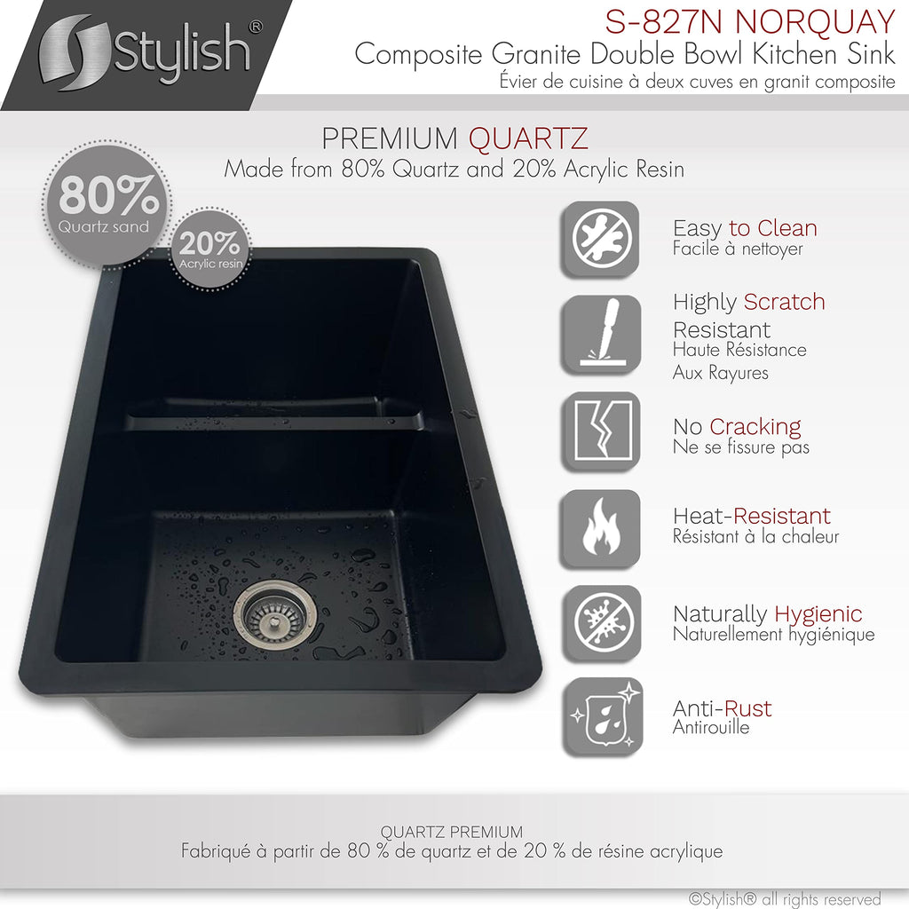 27.25 x 18.75 Inch Drop In or Undermount Kitchen Sink Double Bowl Workstation 9.5 Inches Deep Granite Composite