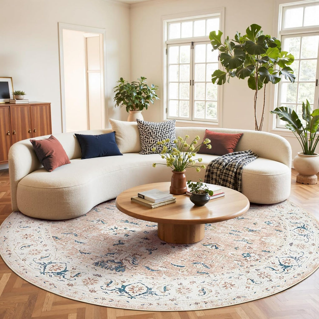 Round Rug 8ft Area Rug - Washable Boho Vintage Floral Circle 8' Round Floor Cover Lightweight Low Pi