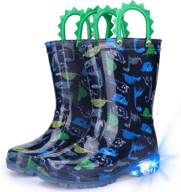Toddler Kids Rain Boots - Light Up Boys Rainboots Boots Waterproof Lightweight Outdoor Shoes with Easy-On Handles