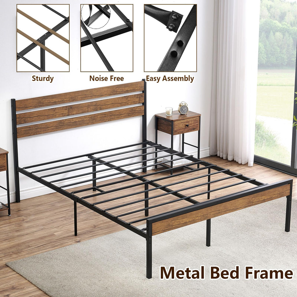 Rustic Queen Metal Bed Frame with Headboard, Rustic Brown