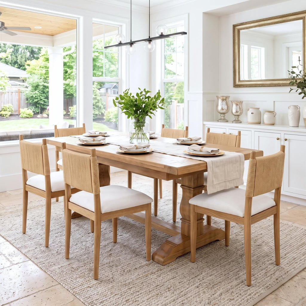 Modern Coastal Woven Dining Chairs Set of 4, Natural Oak Wood