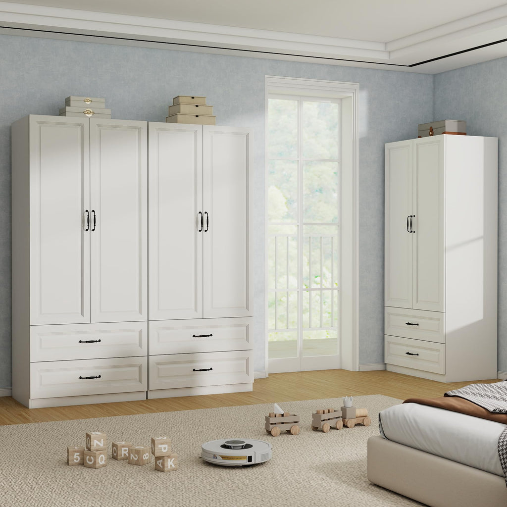 White Armoire Wardrobe Closet with 4 Drawers, 75" Tall x 63" Wide