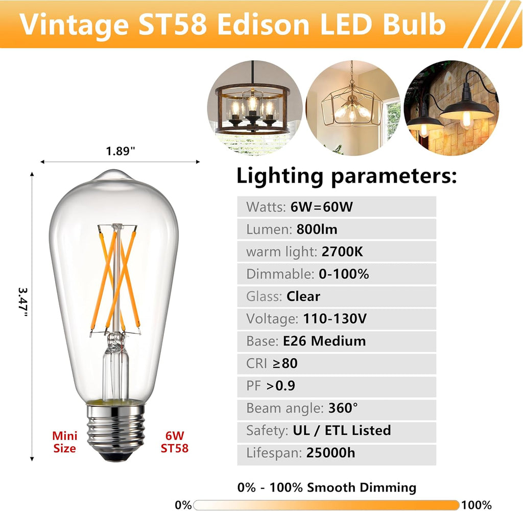 ST58 E26 LED Bulb 60 Watt Equivalent 2700K Dimmable, 4 Pack