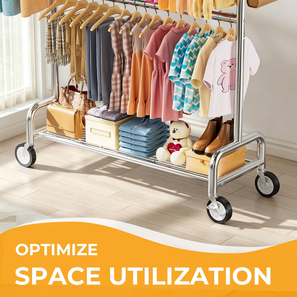 Heavy Duty Clothes Rack Load 860LBS, Double Rods Rolling Clothing Racks for Hanging Clothes, Rolling Garment Rack