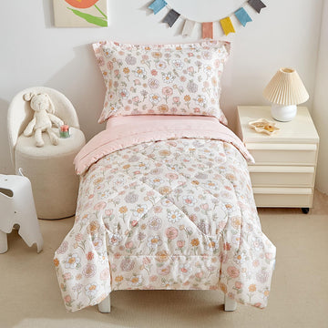 Floral 4 Piece Girls Toddler Bed Comforter Set Pink Flower Reversible Toddler Bedding Set Soft Baby Crib Bed Sheets