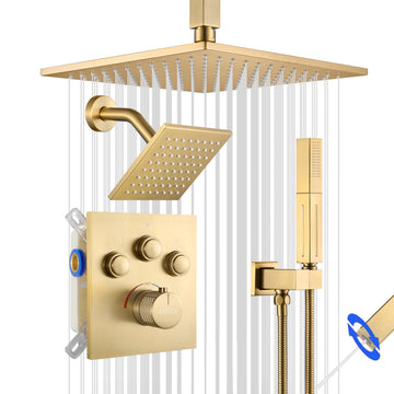 Thermostatic Shower System Brushed Gold, Push Button Diverter Shower Faucet with 2 in 1 Handheld, Ceiling Mount 12