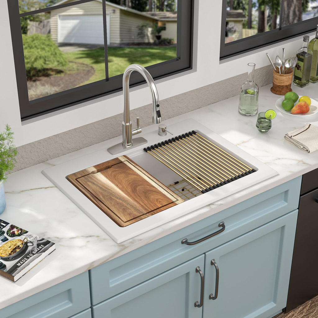 30"x22" Granite Composite Kitchen Sink - White Ledge Workstation Drop In Top-Mount Granite Quartz Classic Luxury