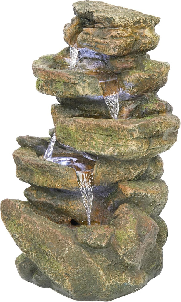 20" H Outdoor Multi-Level Rock Floor Fountain with LED Lights, Brown