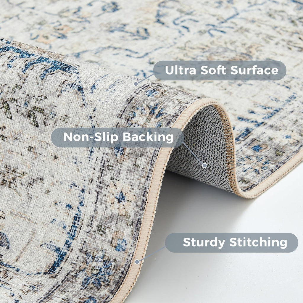 Distressed Vintage Medallion Area Rug, 2x3 Blue, Washable Non Slip
