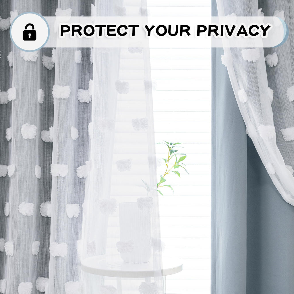 Room Darkening Curtains White Sheer Pom Pom Curtains Dusty Blue Blackout Curtains for Sliding Door Decor Drapes 2