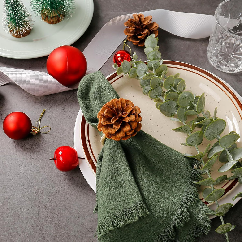 Christmas Napkin Rings, Pinecone Napkin Rings, Handmade Cloth Napkin Holder with Cloth Buckles - Set of 8