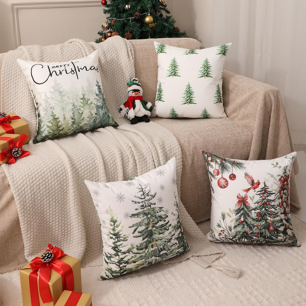 Double-Sided Print Christmas Pillow Covers 18"x18", 8 Cute Christmas Patterns, Tree, Merry Christmas, Truck - Set of 4