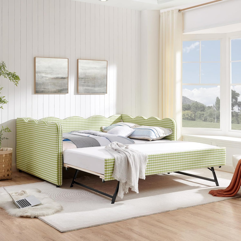 Full Size Upholstery Daybed with Trundle and USB, Full to King Design Adorable Wave Shaped Extendable Linen Sofa Bed