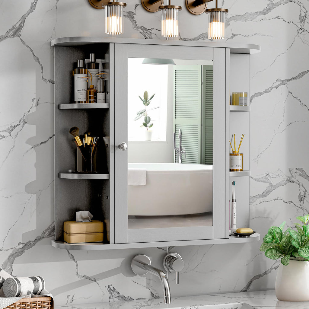 Bathroom Mirror Cabinet Wall Mounted, Medicine Cabinet with Mirror and 6 Open Shelves, Modern Bathroom Wall Cabinets