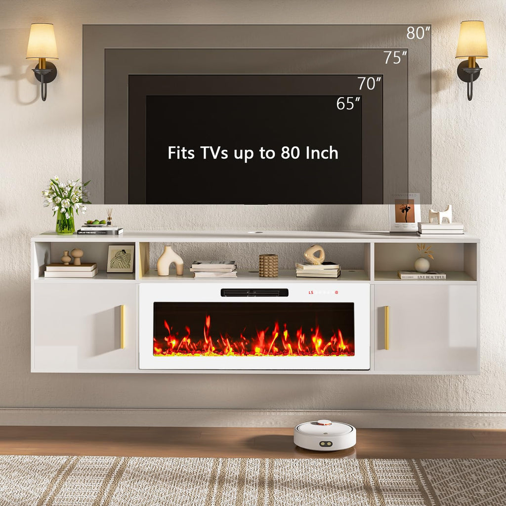 70'' Floating TV Stand with 36" Fireplace, Wall Mounted Entertainment Center with Storage Cabinet and 20 Colors LED
