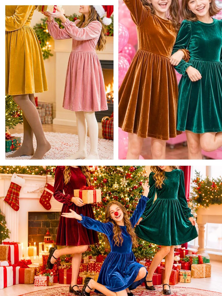 Velvet Christmas Dress Crewneck Puff Long Sleeve A-Line Fall Winter Casual Party Princess Dresses with Pockets