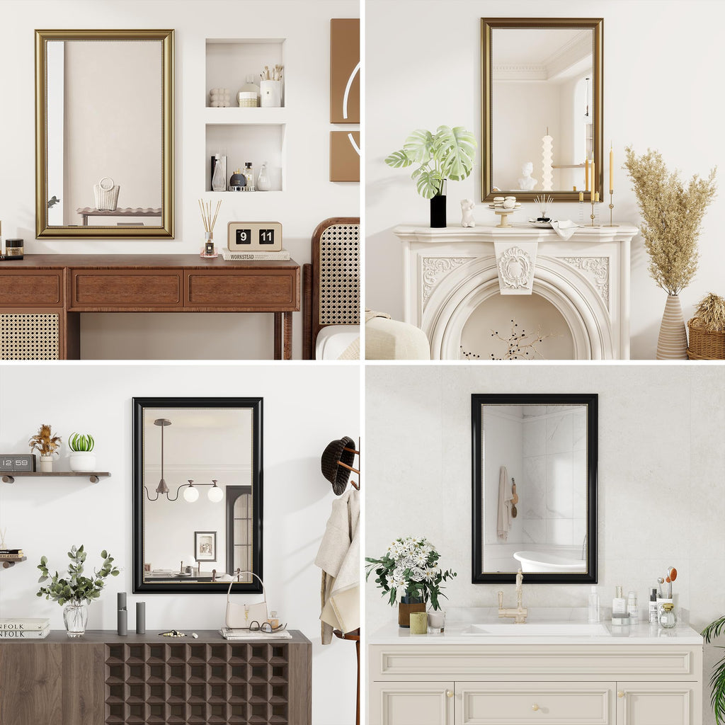 32x48 Rectangular Wall Mirror, Decorative Bathroom Mirror, Traditional Vintage Wall Mounted Mirror with Beaded Frame