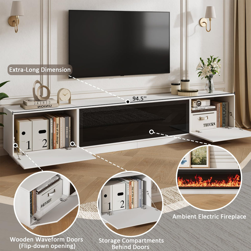 94.5" Fireplace TV Stand, Fluted TV Stands, White