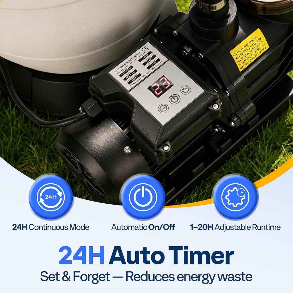 Sand Filter Pump with 1/2 HP Motor, 2640 GPH w/Timer for in/Above Ground Pools up to 14,000 Gallons, 7-Way Valve with