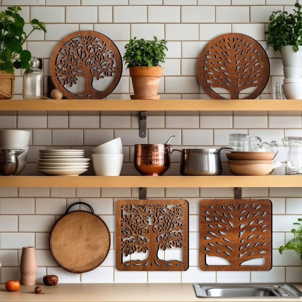 Life Tree Wooden Trivets with Storage Rack Hot Pads Trivets for Hot Dishes Pots and Pans Heat Resistant Mat Set - Set of 5