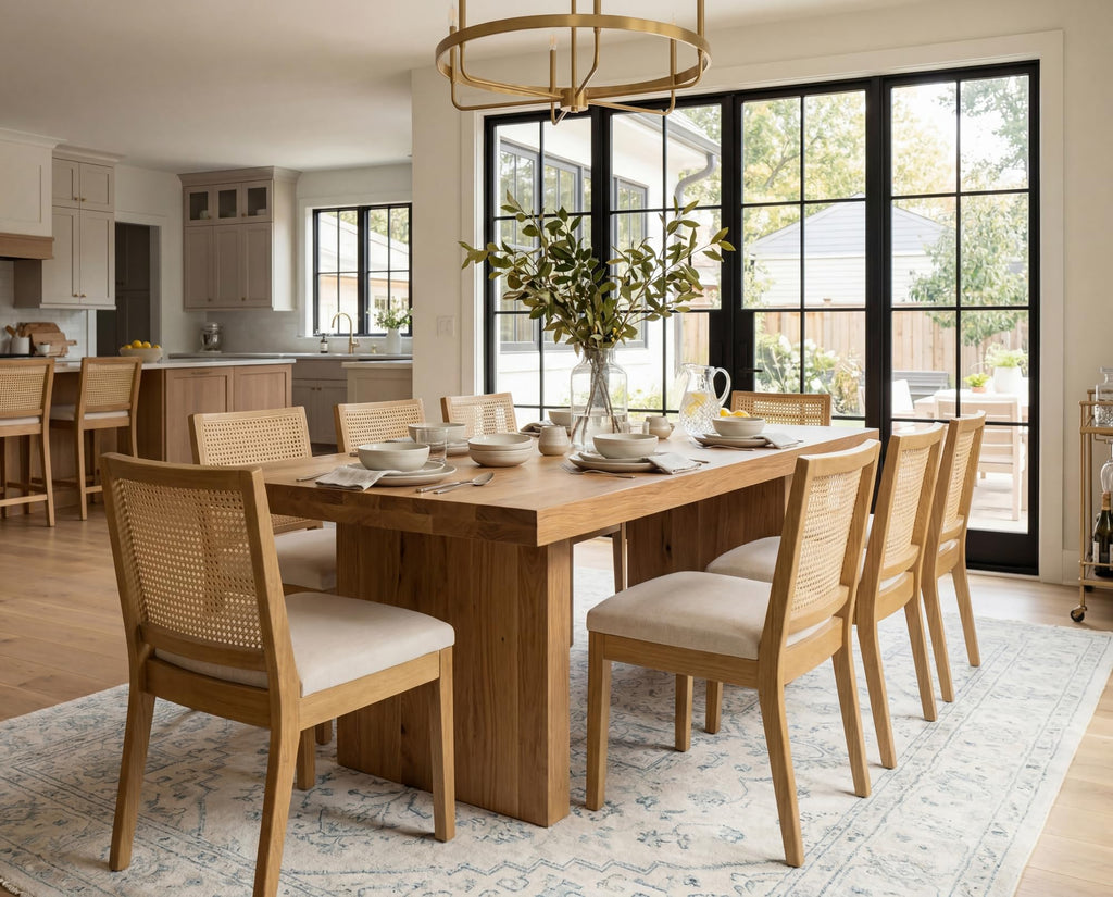 Farmhouse Rattan Oka Wood Dining Chairs Set of 4 with Cane Back