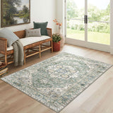3x5 Washable Area Rug - Small Entryway Rug Non-Slip Sage Green Vintage Oriental Kitchen Rugs Low Pil