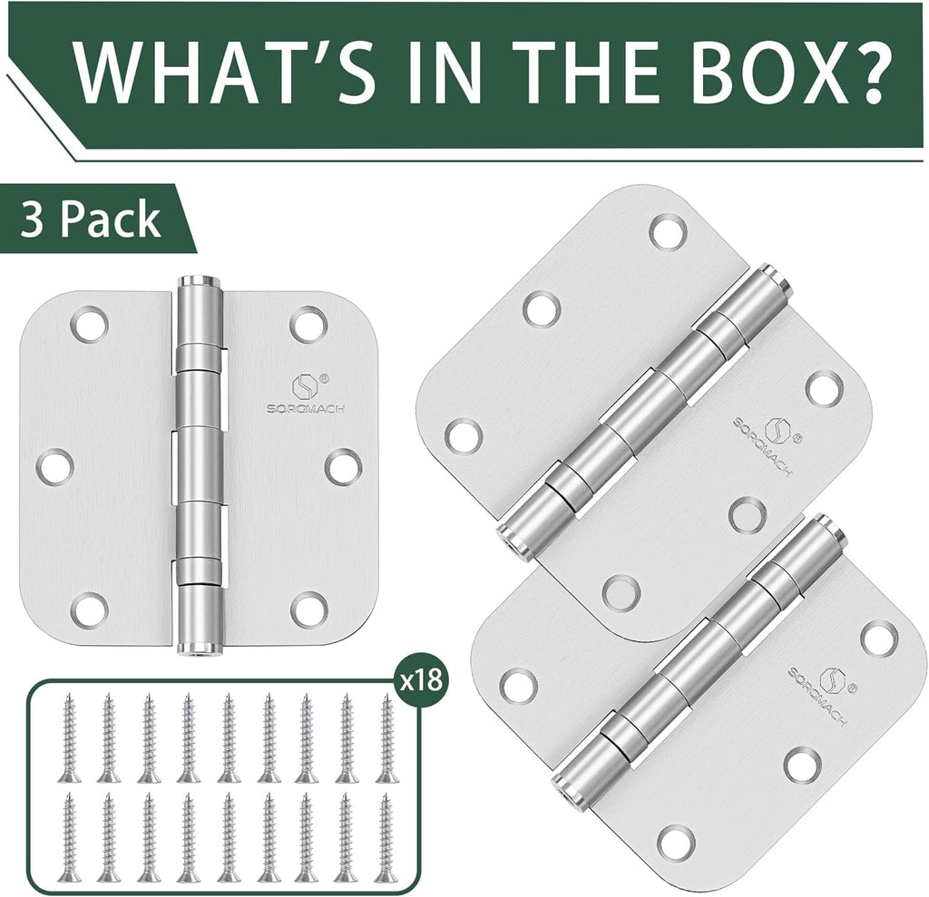 304 Stainless Steel 3.5 Inch Door Hinges Brushed Satin Nickel Interior Hinges 5/8" Radius Corners 3.5'' Ball Bearing