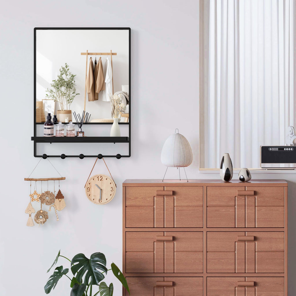 Wall Mirror with Shelf and Hooks,Bathroom Vanity Mirror with Hooks, 21 X 28 inch Metal Framed Decorative Mirror