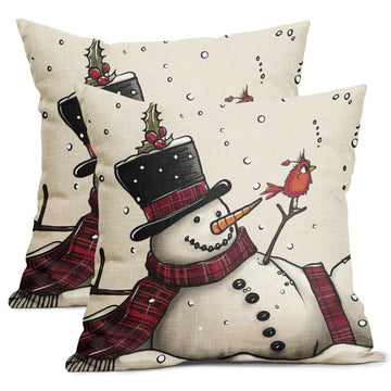 Christmas Pillow Covers 18X18 Inch Snowman Red Birds Snowflake Decorative Square Pillow Cases Cotton Linen Throw