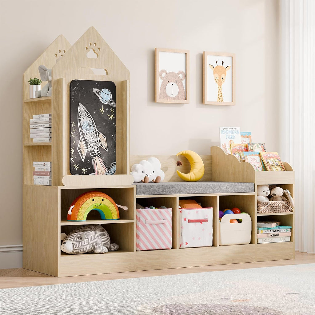 MU Kids Bookshelf with Reading Nook, Wooden Toy Storage Organizer with Chalkboard and Bench, Kids Reading Nook for