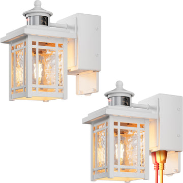 White Outdoor Porch Light with Outlet, 2-Pack Aluminum Front Door Motion Sensor Light, Waterproof Outside Garage