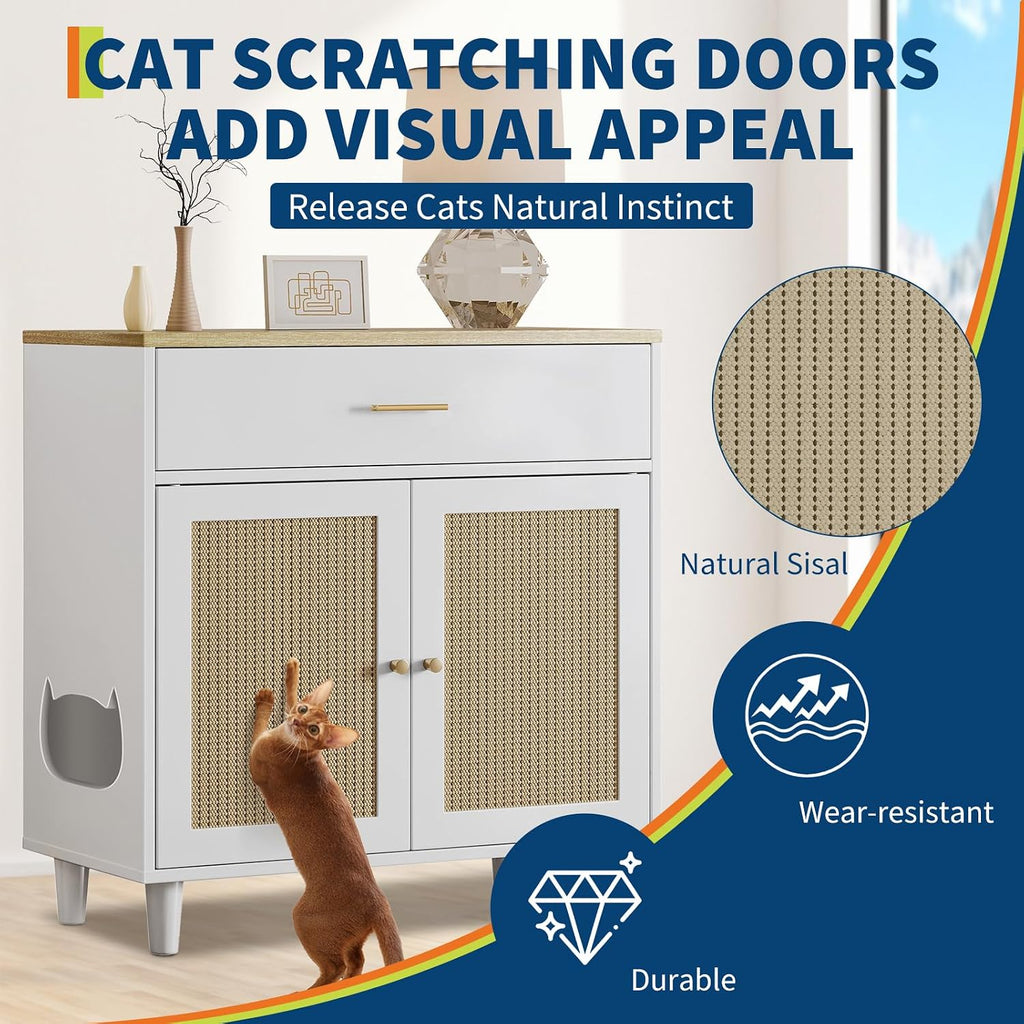 Cat Litter Box Cabinet Corner Hidden Litter Box Enclosure with Scratching Board Doors & Storage Drawer, Fits Most