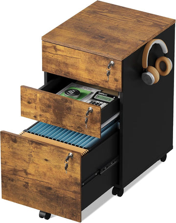 3 Drawer Wood File Cabinet with Individual Locks, Rustic Brown | Mobile Printer Stand with Wheels, Wood Filing