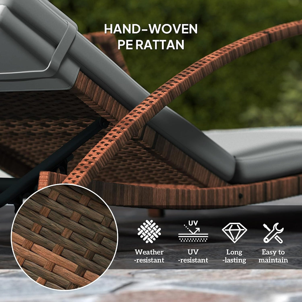 Wicker Chaise Lounge Chair Outdoor 5-Position Reclining Gray | Set of 2, Pool Lounge Chairs with Wheels, Rattan