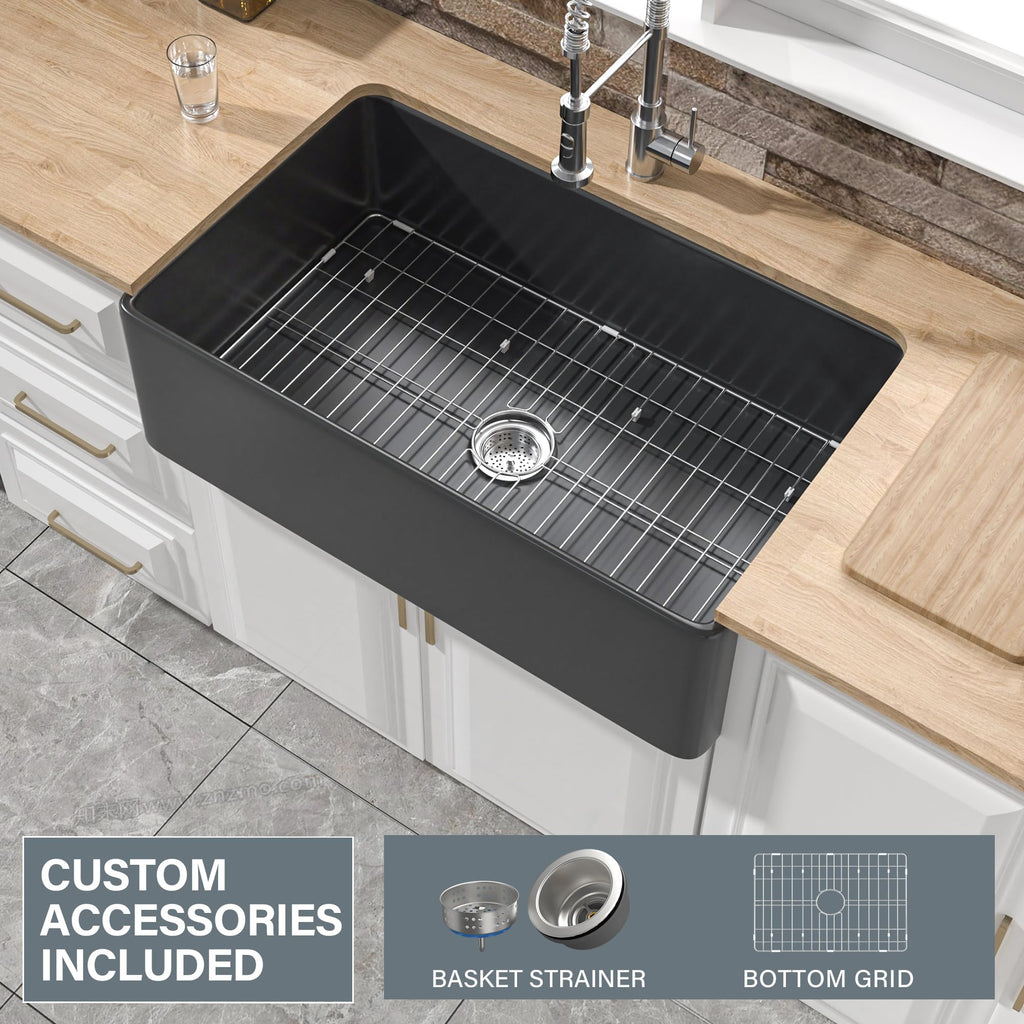 33" x 20" Fireclay Apron Front Farmhouse Sink Black