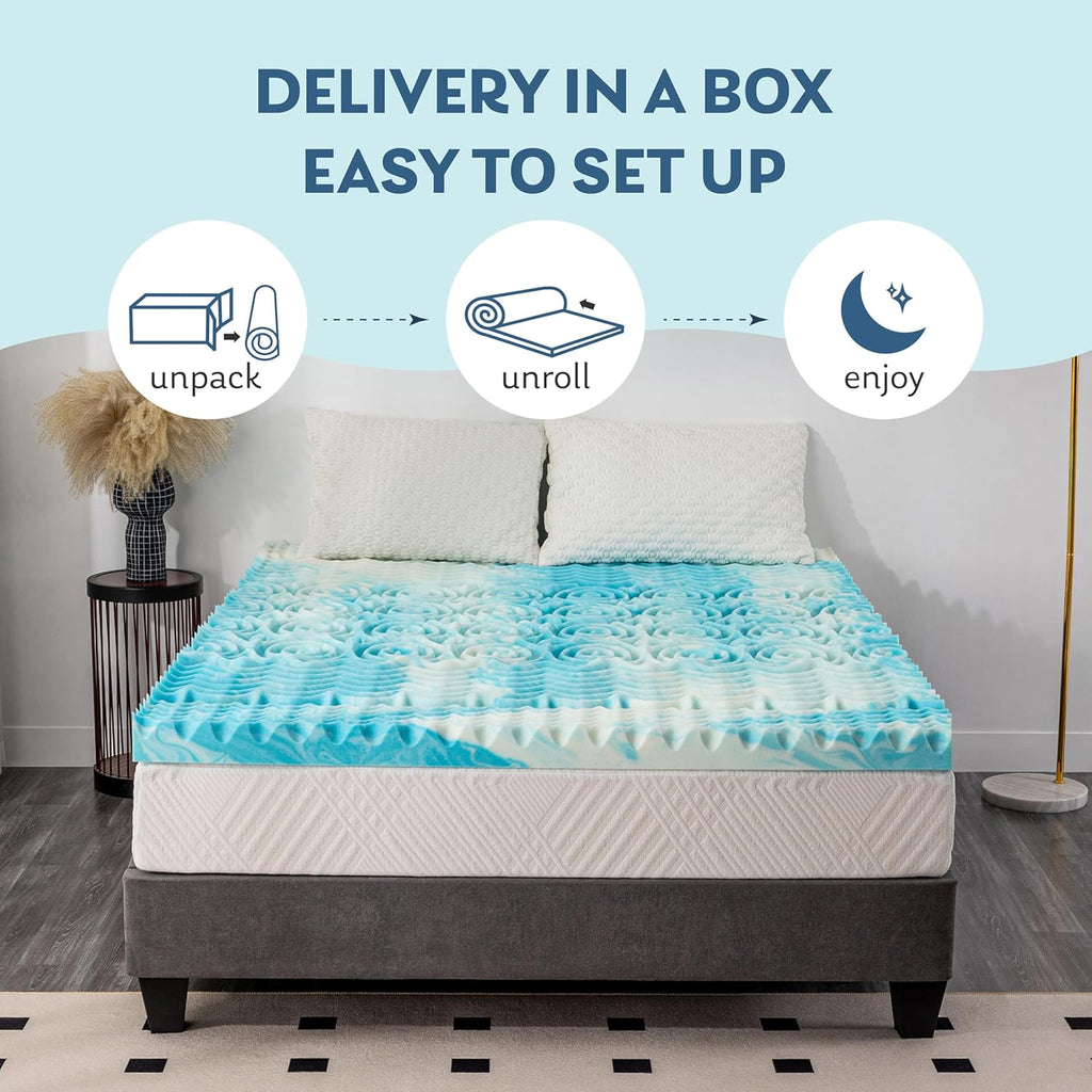 2 Inch Queen 5-Zone Gel Memory Foam Egg Crate Mattress Topper | Cooling Gel Infused Bed Topper for Pressure Relief