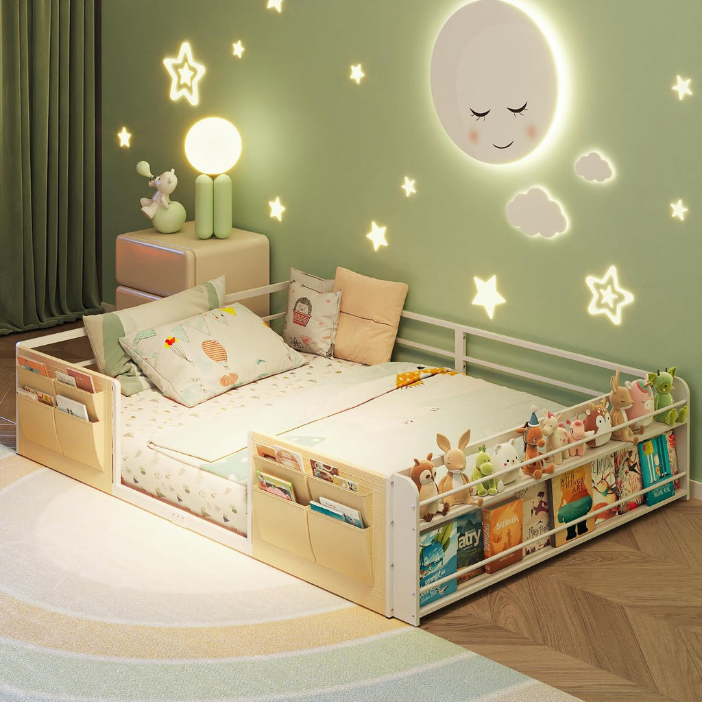 Montessori Floor Bed with Bookshelf & Storage Caddy