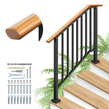 Hand Rails for Outdoor Steps 4-Step Railing Metal Wood-Grain
