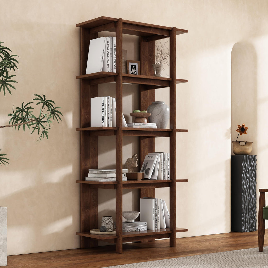 4 Shelf Narrow Walnut Bookcase H-70 L-33 Acacia Wood Open Bookshelf