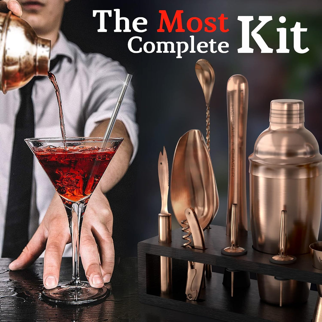 Bartender Kit with Espresso Bamboo Stand. Beautiful Cobbler Cocktail Shaker Set with Bar Tools Rustproof Stainless - Set of 13