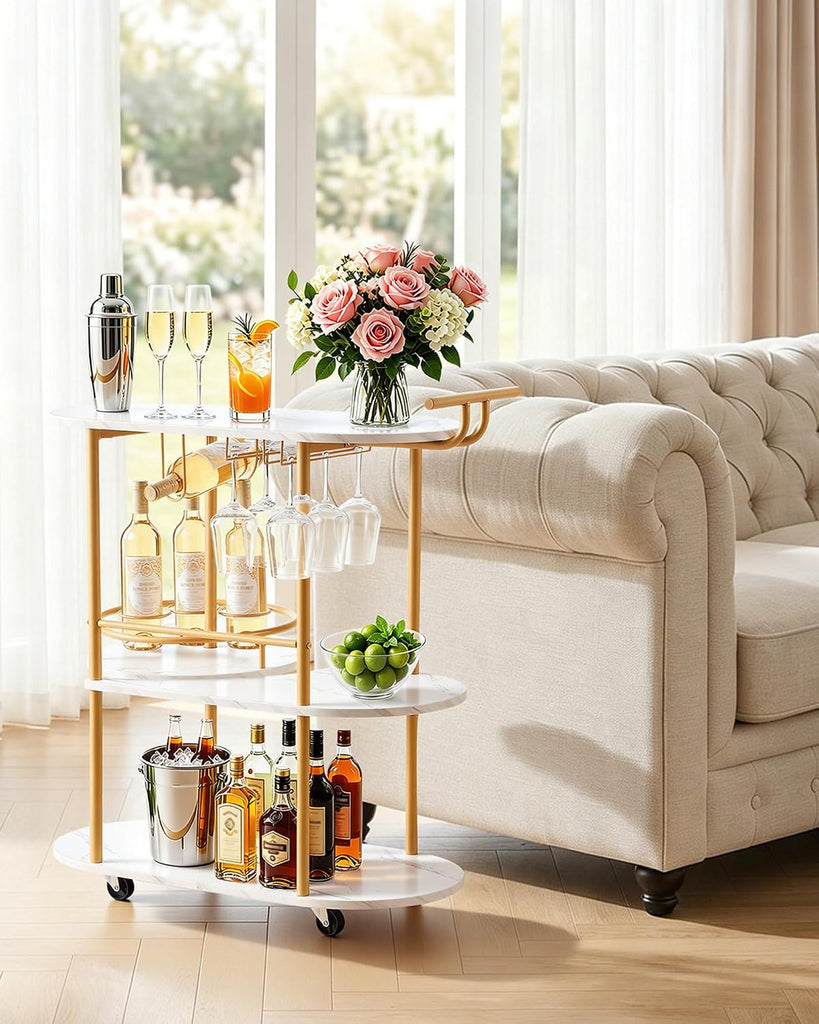 Bar Cart, 3 Tiers Home Kitchen Serving Carts, Modern Round Rolling Utility Station on Wheels, Mobile Drink Beverage