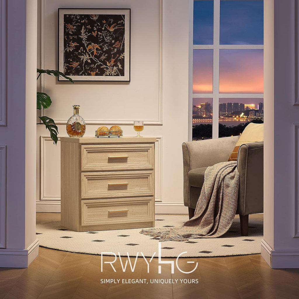 Night Stand with 3 Drawer 26" Fluted Wooden Tall Nightstand Metal Handle Living Room Bedside Table Modern Style