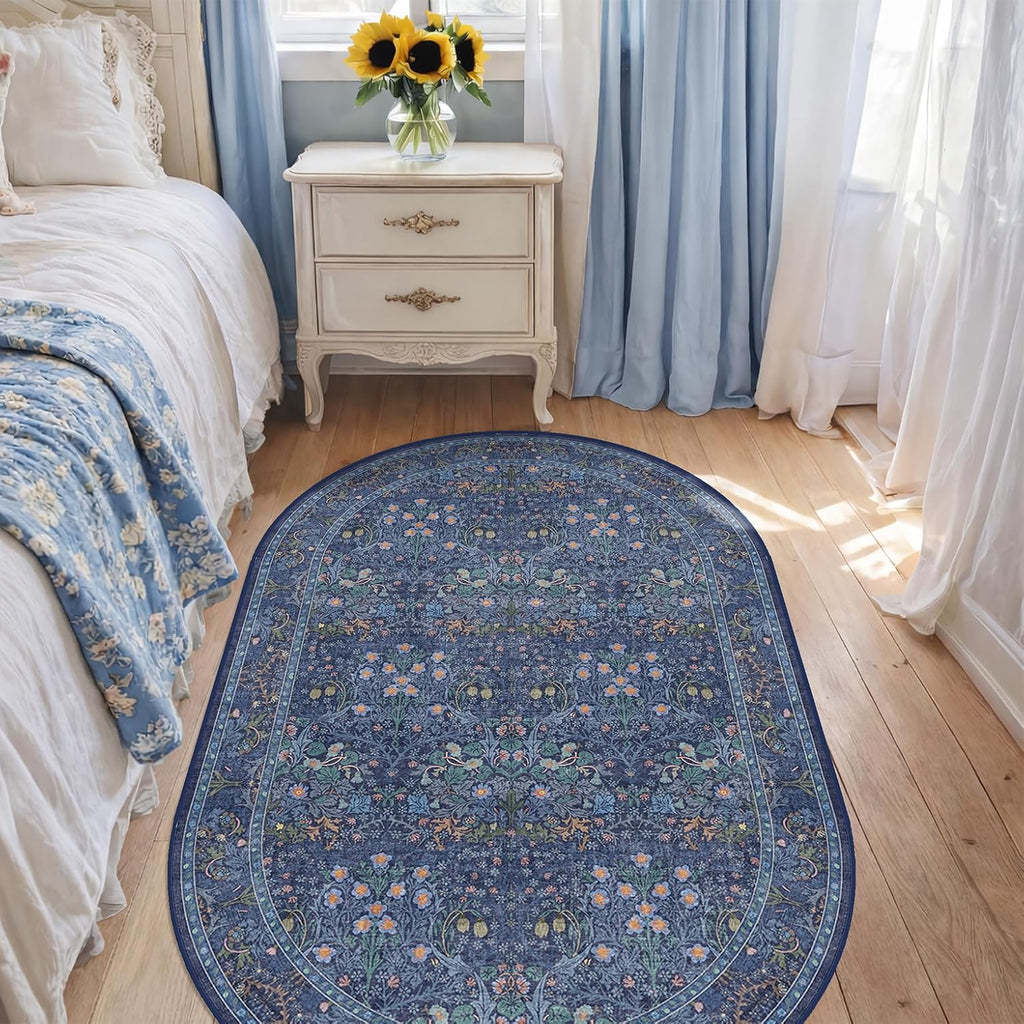 Vintage Dark Blue Oval Area Rug 3x5