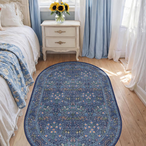 Vintage Dark Blue Oval Area Rug 3x5